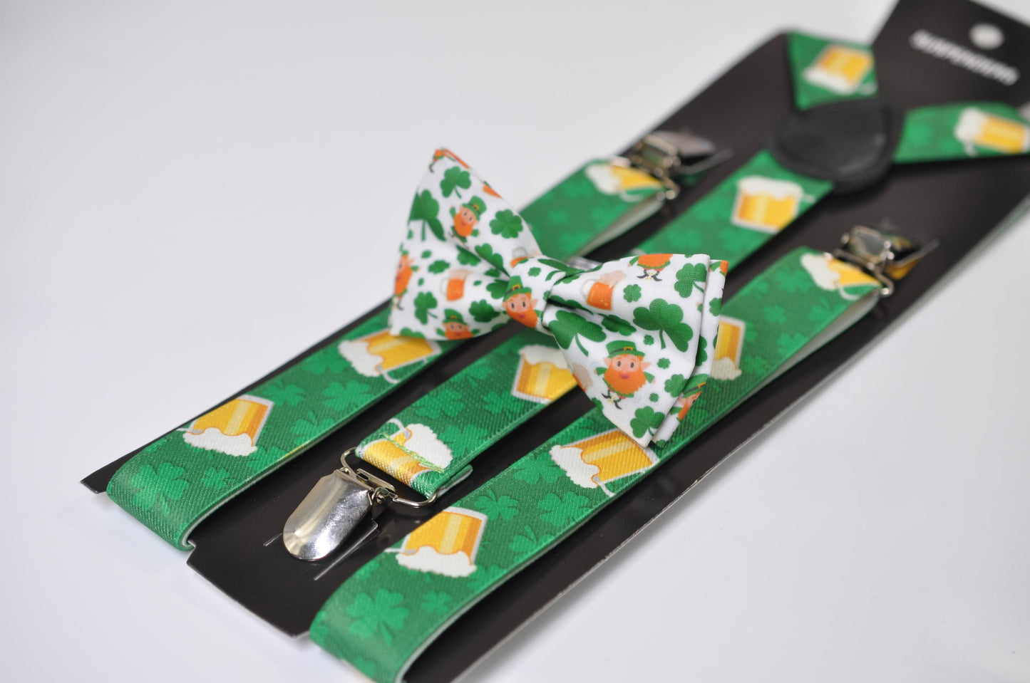 Happy St Patrick’s Day Leprechaun and Shamrock Clovers Bow tie + Beer Mugs Suspenders Braces Men /Youth/ Boy Kids / Baby Infant Toddler