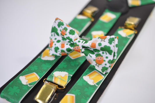 Happy St Patrick’s Day Leprechaun and Shamrock Clovers Bow tie + Beer Mugs Suspenders Braces Men /Youth/ Boy Kids / Baby Infant Toddler
