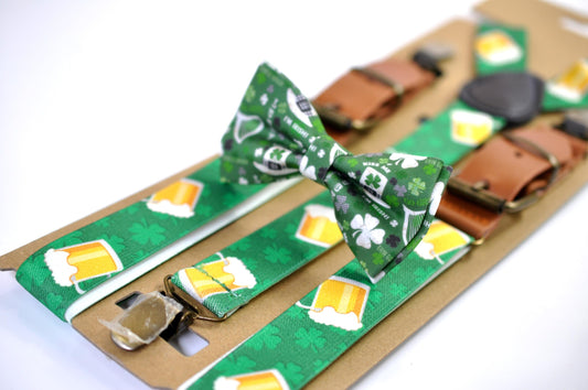 Happy St Patrick’s Day Green Kiss Irish Shamrocks Clovers Bow tie + Beer Mugs Suspenders Braces Men /Youth/ Boy Kids / Baby Infant Toddler