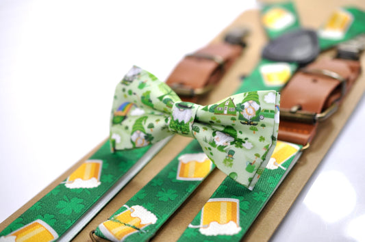 Happy St Patrick’s Day Green Rainbow Clover Green Bow tie + Green Beer Mugs Suspenders Braces for Men /Youth/ Boy Kids / Baby Infant Toddler
