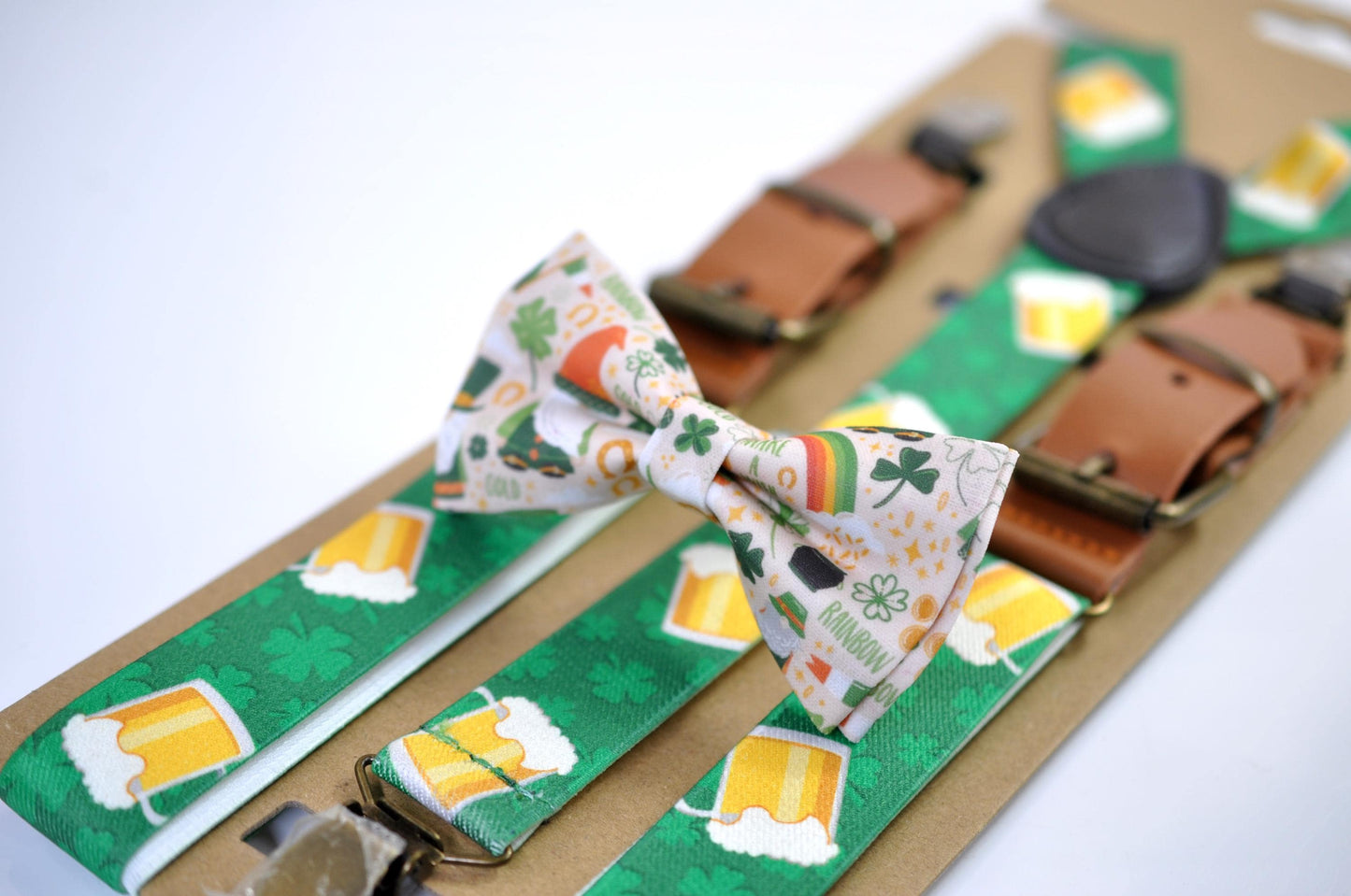 Happy St Patrick’s Day Green Rainbow Clover Ivory Bow tie + Green Beer Mugs Suspenders Braces for Men /Youth/ Boy Kids / Baby Infant Toddler