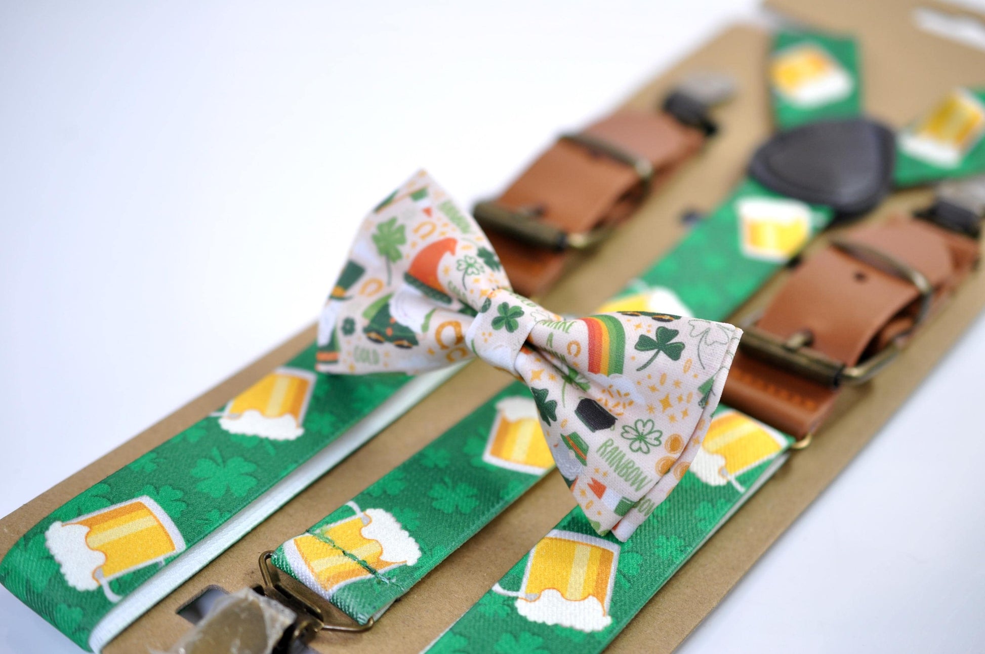 Happy St Patrick’s Day Green Rainbow Clover Ivory Bow tie + Green Beer Mugs Suspenders Braces for Men /Youth/ Boy Kids / Baby Infant Toddler