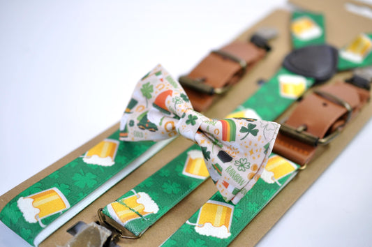 Happy St Patrick’s Day Green Rainbow Clover Ivory Bow tie + Green Beer Mugs Suspenders Braces for Men /Youth/ Boy Kids / Baby Infant Toddler