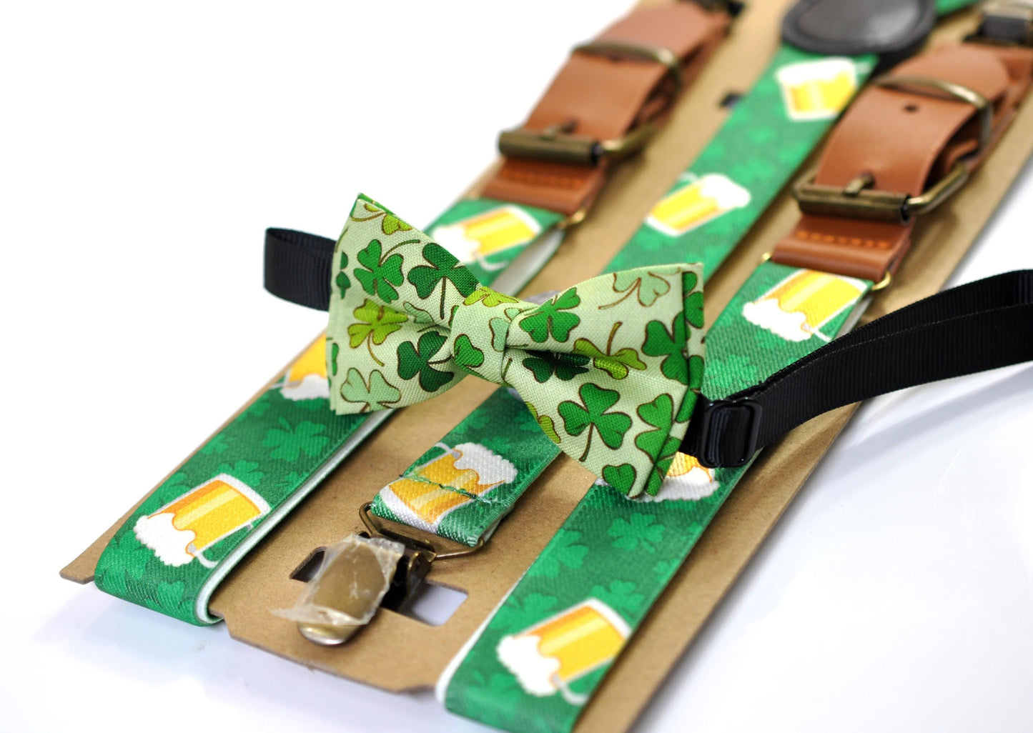 Happy St Patrick’s Day Green Clover Four-leaf Clovers Bow tie + Beer Mugs Suspenders Braces Men /Youth/ Boy Kids / Baby Infant Toddler