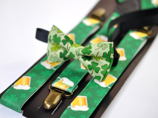 Happy St Patrick’s Day Green Clover Four-leaf Clovers Bow tie + Beer Mugs Suspenders Braces Men /Youth/ Boy Kids / Baby Infant Toddler