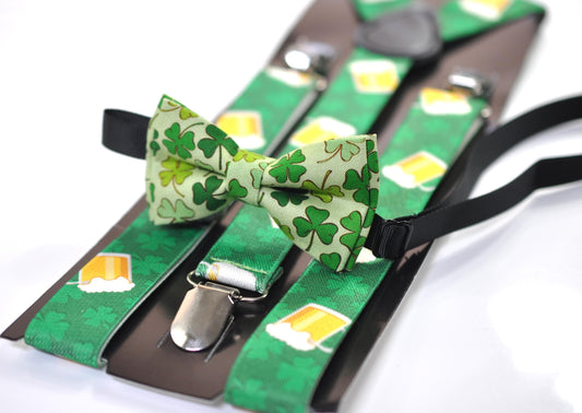 Happy St Patrick’s Day Green Clover Four-leaf Clovers Bow tie + Beer Mugs Suspenders Braces Men /Youth/ Boy Kids / Baby Infant Toddler