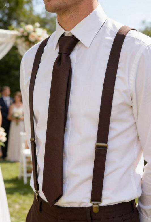 Men Women Dark Brown Coffee Chocolate Skinny Neck tie Necktie + Elastic Braces Suspenders