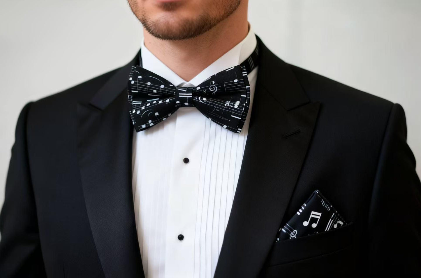 Black White Sheet Music Notes Bow Tie Bowtie +Pocket Squares Hanky Handkerchief Baby Infant Toddler/ Page Boy Kids Toddler /Youth / Adult