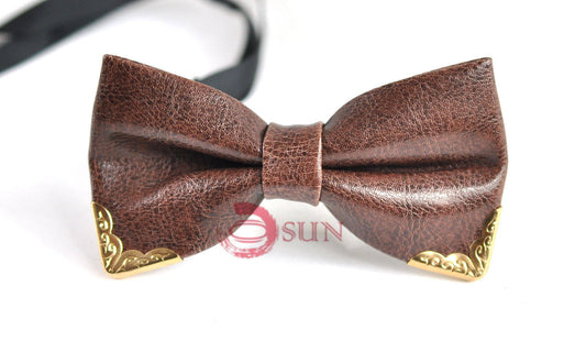 Mens PVC Faux Leather Coffee Golden Edge Shining Bow Tie Bowties Wedding Party