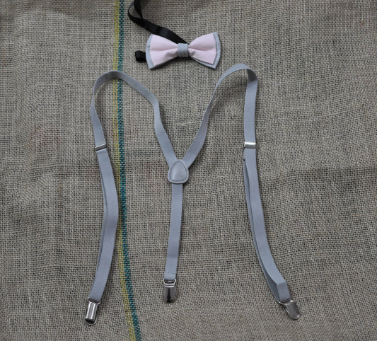 Men Women Grey 15mm Braces Suspenders 100% COTTON PINK Grey Bow Tie BOWTIE Wedding Party