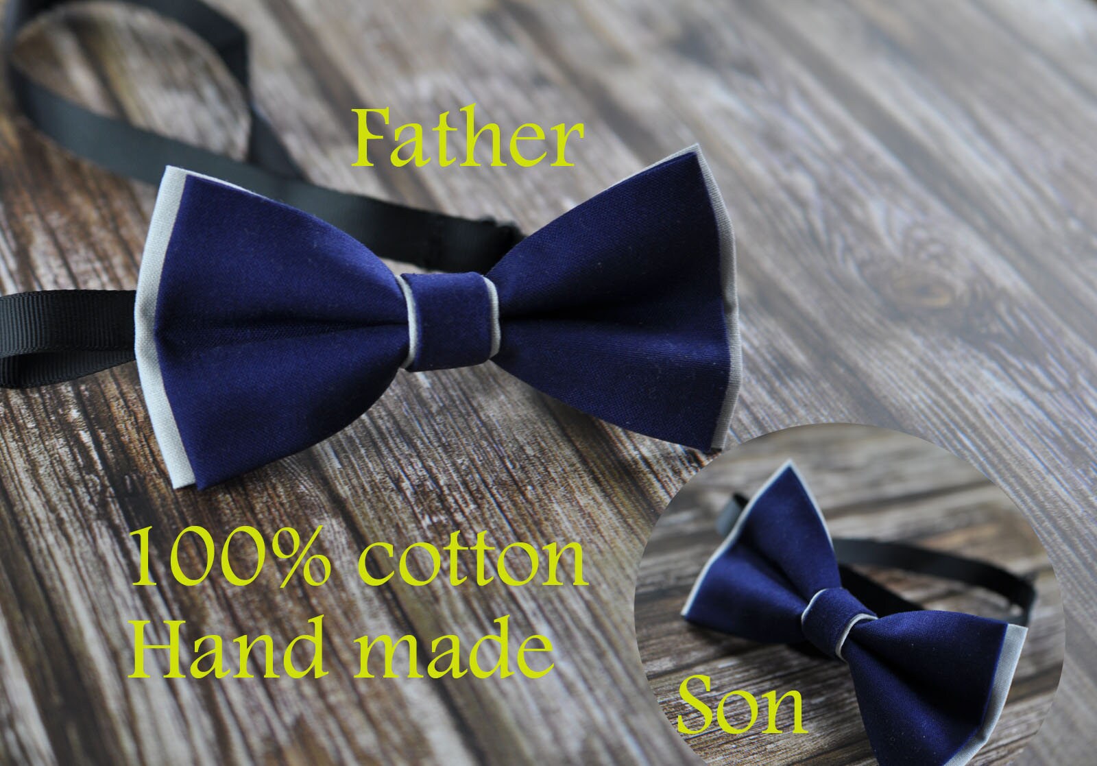 Father Son Match 100% Cotton Grey Gray and Navy Blue 2 LAYERS with Lining Groomsmen Page boy Bow Tie Bowtie for Wedding Party