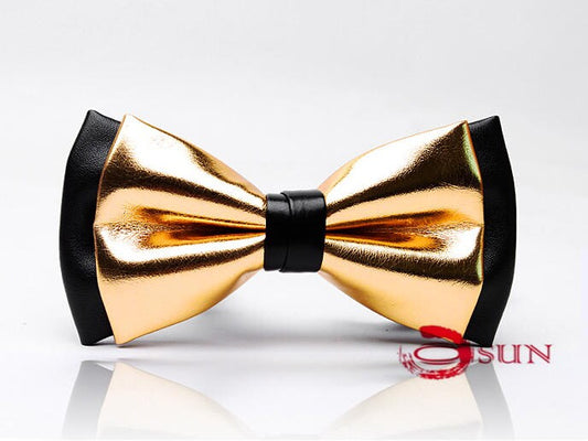 Mens PVC Faux Leather Gold Golden Black Shining Bow Tie Bowties Wedding Party