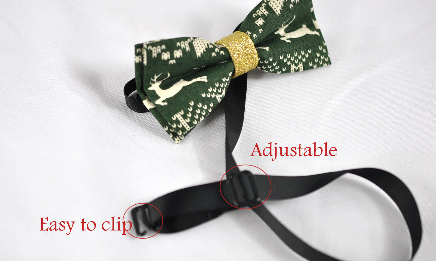 Men Women Cotton Xmas Christmas Elk Deer GREEN Bow Tie Bowtie Party Wedding