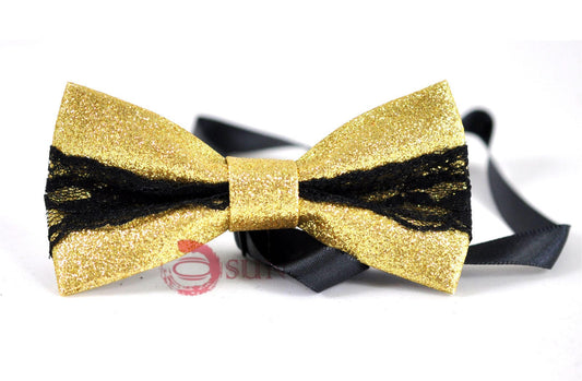 Mens Fashion PVC Leather Black Lace Gold Shining Bow Tie Bowties Wedding Party