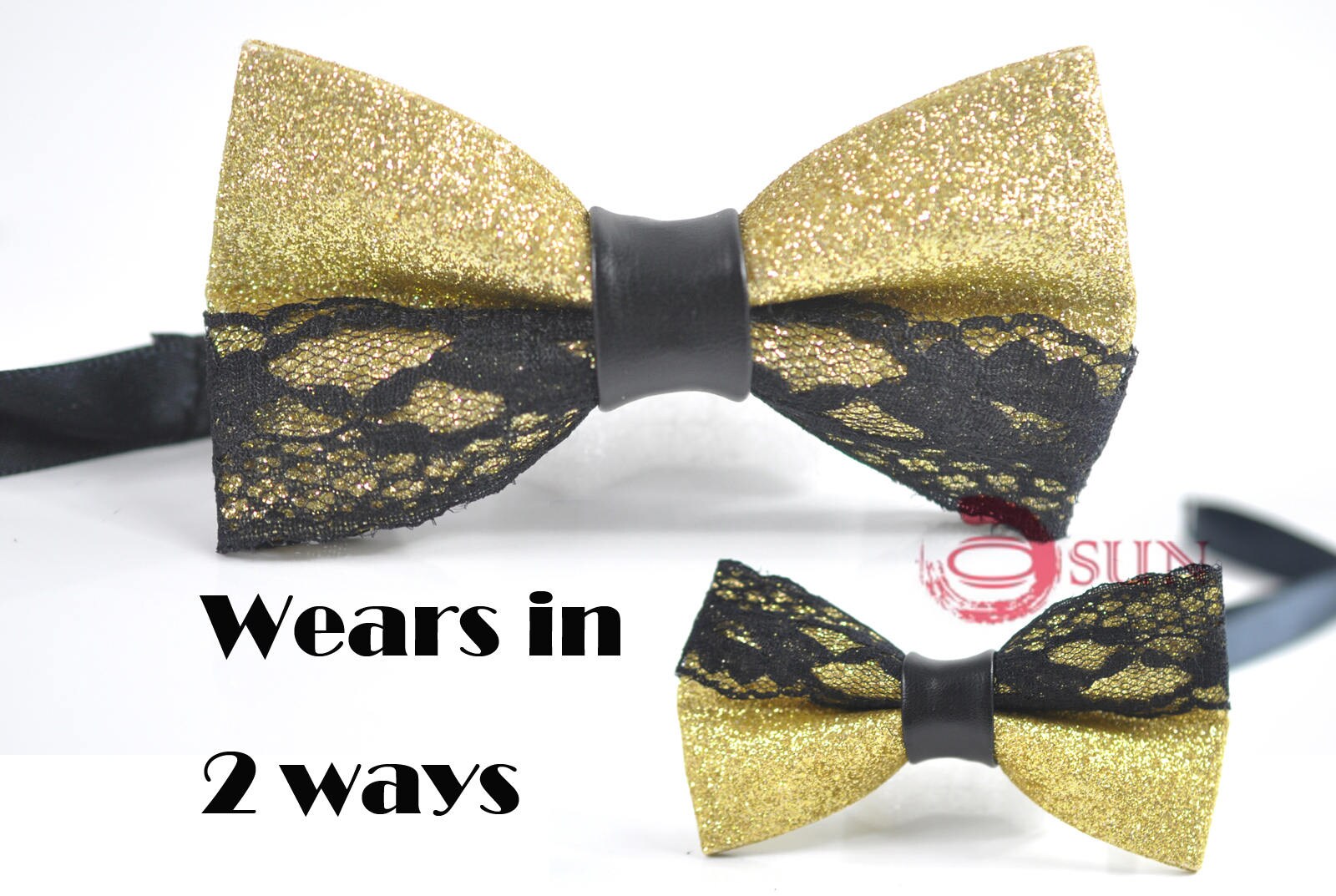 Mens PVC Faux Leather Black Lace Gold Golden Shining Bow Tie Bowties Wedding Party