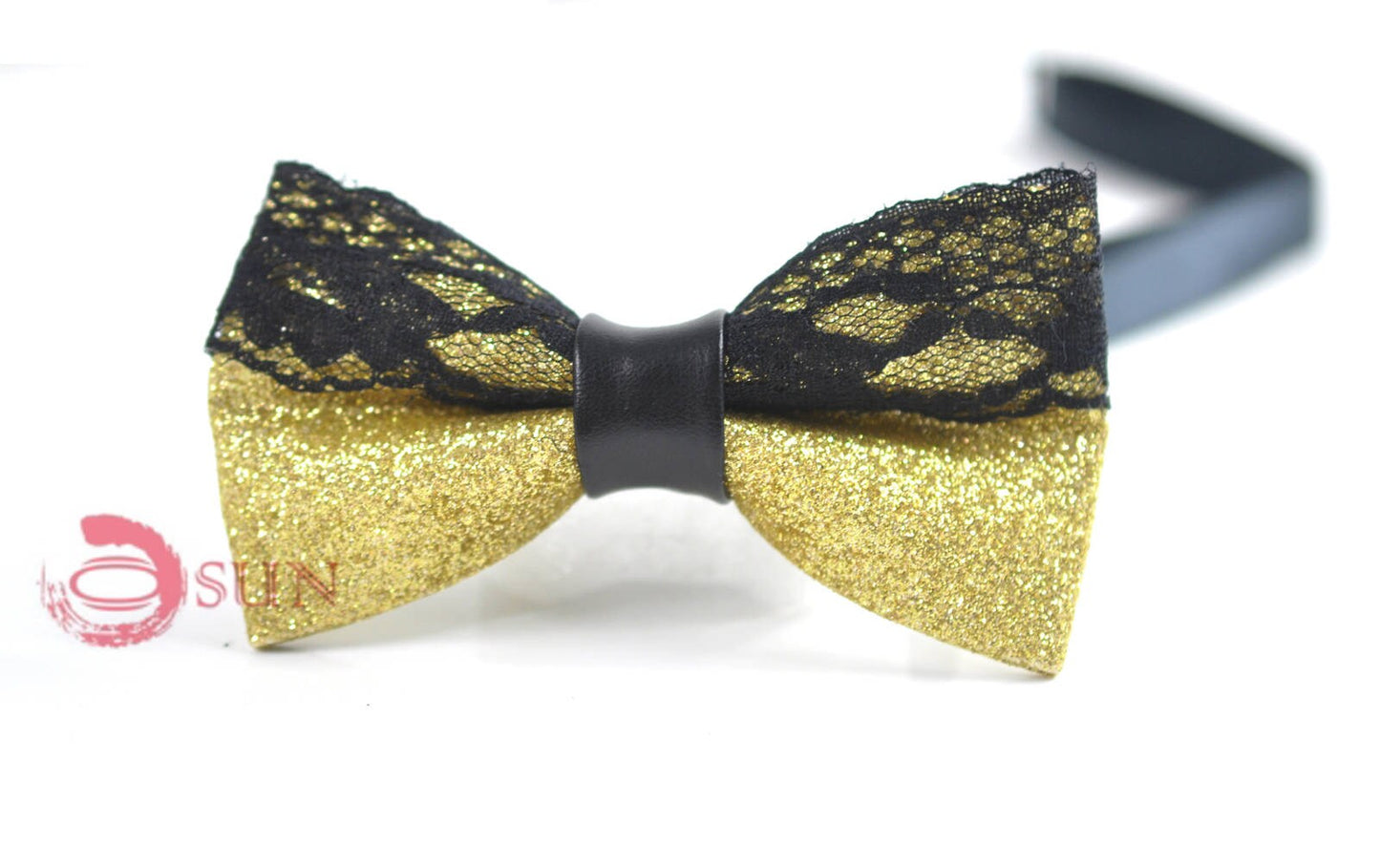 Mens PVC Faux Leather Black Lace Gold Golden Shining Bow Tie Bowties Wedding Party