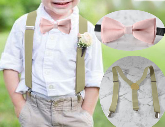 BOY KIDS Baby Infant Khaki Clip-on Braces Elastic Suspenders + 100% PINK Cotton Bowtie Bow Ties Cravat Fits 1-6 Years Old