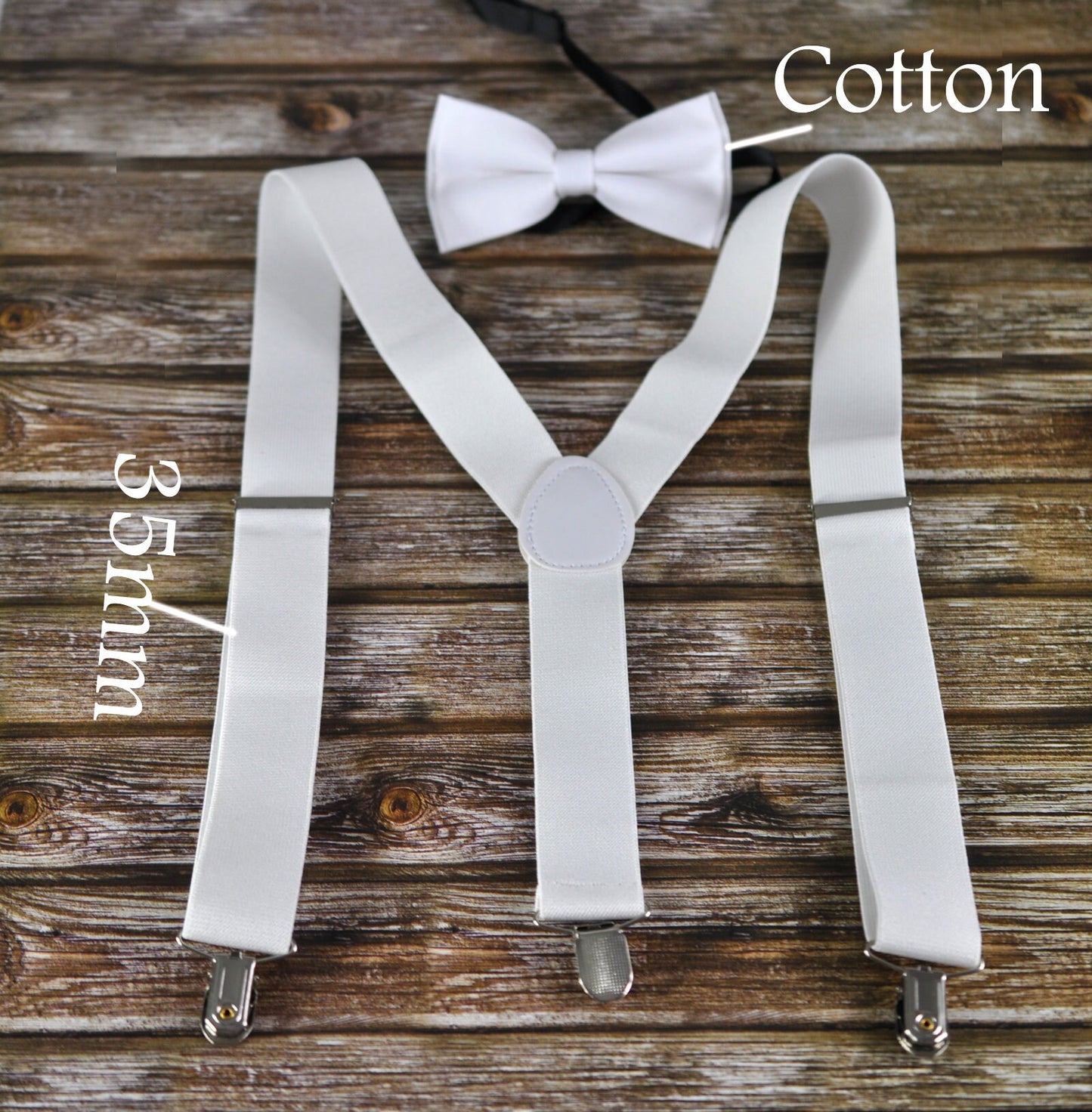 Men BRACES SUSPENDERS Solid WHITE 35MM Wide 100% Cotton Bow Tie Bowtie Wedding Party