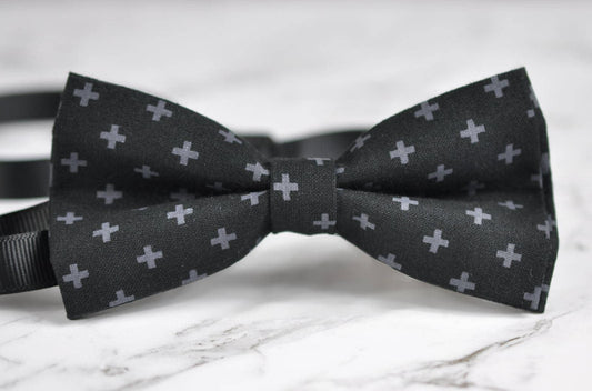 Men Women Black 100% Cotton Hand Made Bow Tie Cross Pattern Easter Christmas Bowtie