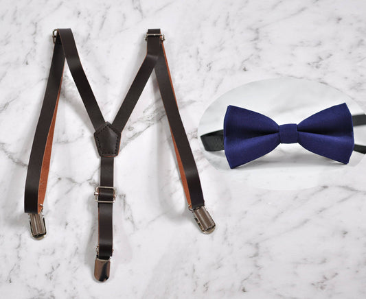 Kids Boys Baby Navy Blue 100% Cotton Bow tie Dark Brown Leather Suspenders Braces Wedding Set Fits 1-8 Years Old