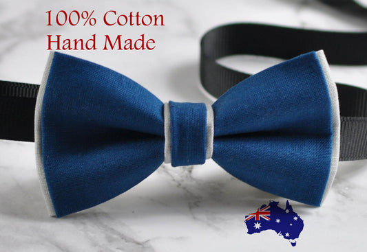 Men Women Petrol Blue Grey 2 Layers 100% Cotton Hand Made Bowtie Bow Tie Wedding Ball Party