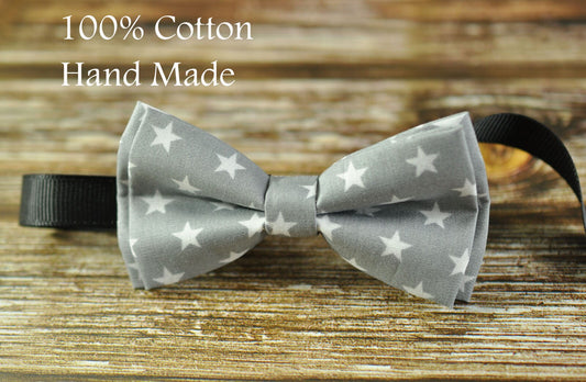 Baby Infant Boy Kids 100% Cotton Handmade GREY Gray White STARS PATTERN Bow Tie Bowtie Party Wedding