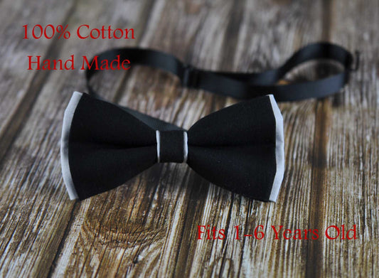 Baby Boy Kids 100% Cotton Handmade Black And Silver Grey 2 Layers Bow Tie Bowtie Party Wedding Fits 1-6 YEARS OLD