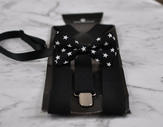Boy Kids Baby Infant Black White Stars Pattern Cotton Bow Tie and Black Elastic Adjustable Suspenders Braces Sets Fits 1-6 Years Old