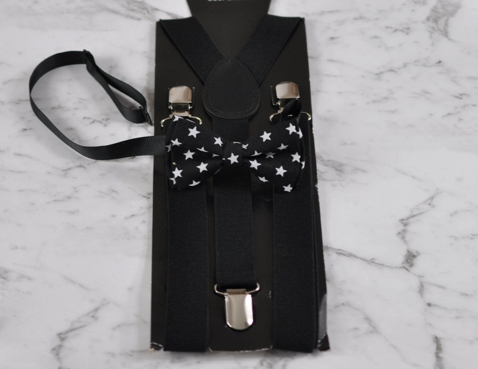 Boy Kids Baby Infant Black White Stars Pattern Cotton Bow Tie and Black Elastic Adjustable Suspenders Braces Sets Fits 1-6 Years Old
