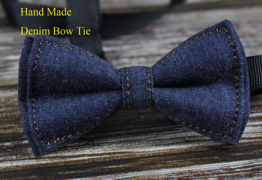 Men Women Navy Blue Denim Jeans Fashion Pretied Handmade Bow Tie Bowtie Wedding Party