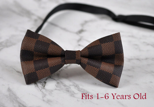 Baby Boy Kids Infant Page Boy Grids Pattern Faux Leather Coffee Deep Brown Bow Tie Bowtie Fits 1-6 Years Old Wedding Party