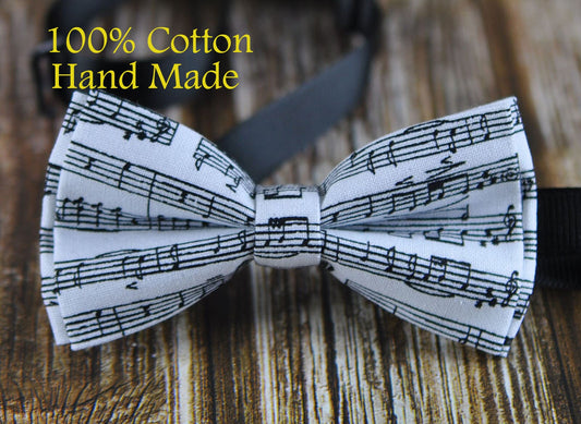 Men Women Black and White 100% Cotton Hand Made Bowtie Bow Tie Sheet Music Notes Pattern Wedding Party