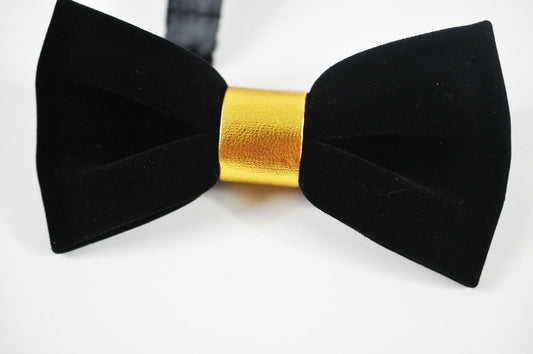 Men Women Unisex Gold Faux Leather Black Velvet Pretied Bow tie Bowtie Wedding Party