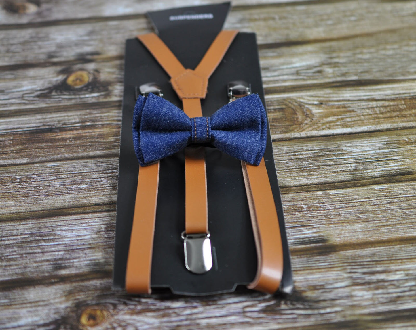 Boy Baby Kids Page Boy Navy Blue Denim Jeans Bow Tie Bowtie and Brown Faux Leather Suspenders Braces Sets Fits 1-6 Years Old Wedding Party