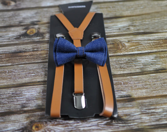 Boy Baby Kids Page Boy Navy Blue Denim Jeans Bow Tie Bowtie and Brown Faux Leather Suspenders Braces Sets Fits 1-6 Years Old Wedding Party