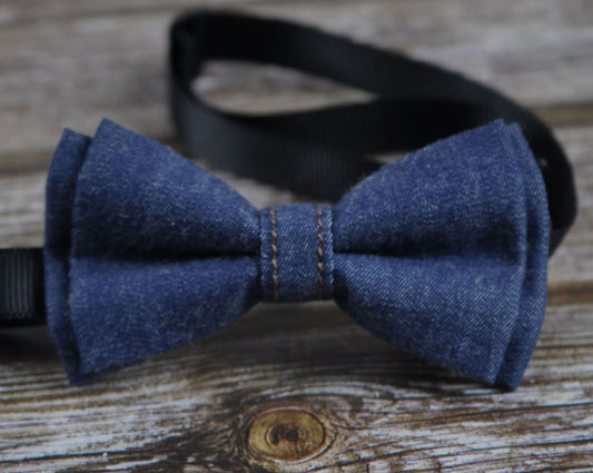 Men Women Navy Blue Solid Color Denim Jeans Fashion Pretied Handmade Bow Tie Bowtie Wedding Party