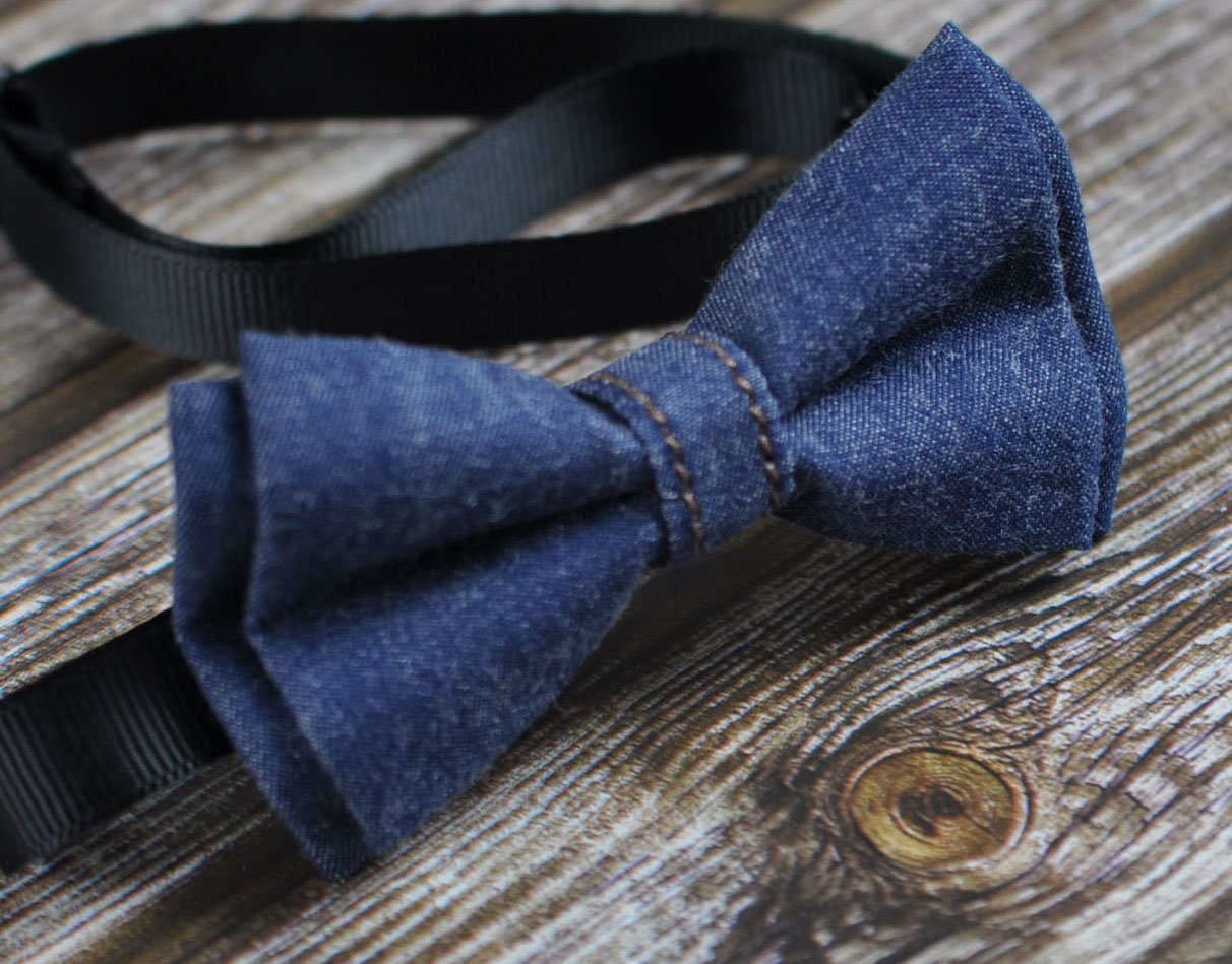 Men Women Navy Blue Solid Color Denim Jeans Fashion Pretied Handmade Bow Tie Bowtie Wedding Party