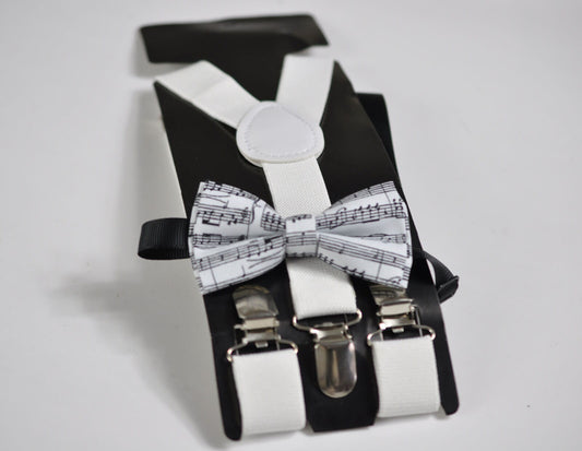 Sheet Music Notes Pattern Cotton Bow Tie + White Solid Suspenders Braces Set for Infant Baby / Kids Boy / Youth Teenage / Adult Men