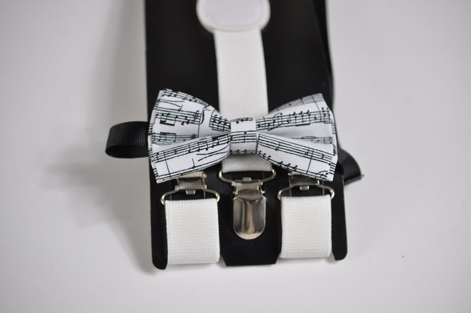 Sheet Music Notes Pattern Cotton Bow Tie + White Solid Suspenders Braces Set for Infant Baby / Kids Boy / Youth Teenage / Adult Men