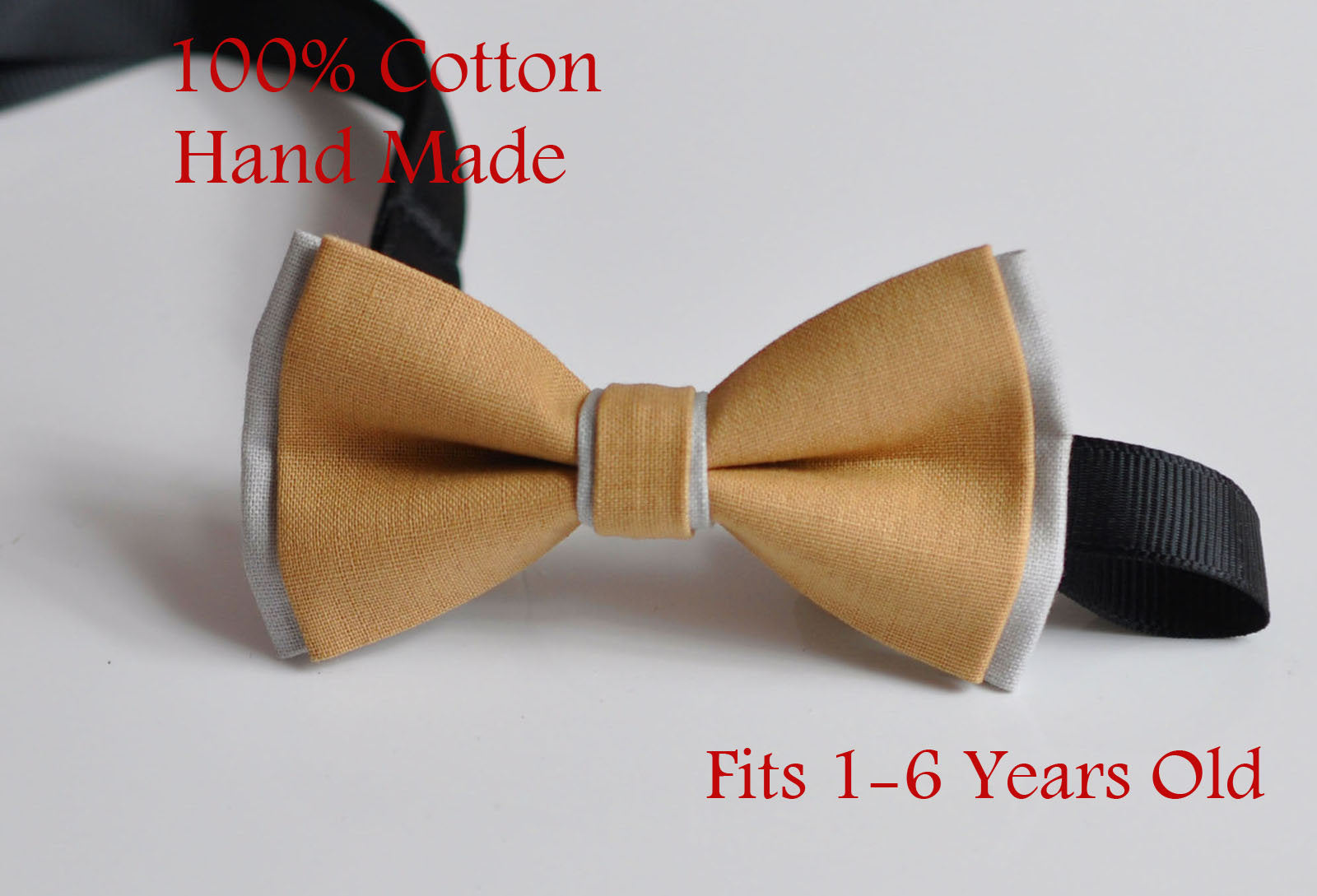 Baby Boy Kids 100% Cotton Handmade Lion Camel Pale Brown AND Grey 2 Layers Bow Tie Bowtie Party Wedding Fits 1-6 YEARS OLD