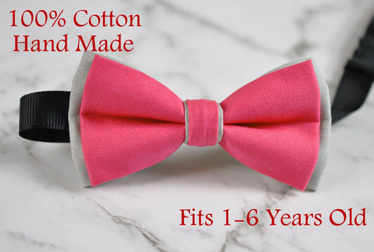 Baby Boy Kids 100% Cotton Handmade Hot Pink AND Grey 2 Layers Bow Tie Bowtie Party Wedding Fits 1-6 YEARS OLD