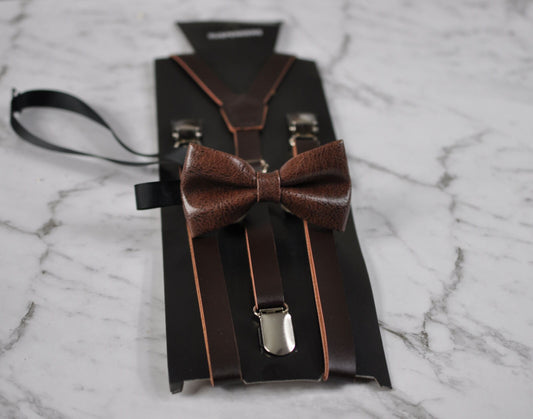 Boy Baby Kids Page Boy Coffee Deep Brown Faux Leather Bow Tie Bowtie and Faux Leather Coffee Suspenders Braces Sets 1-6 Years Old