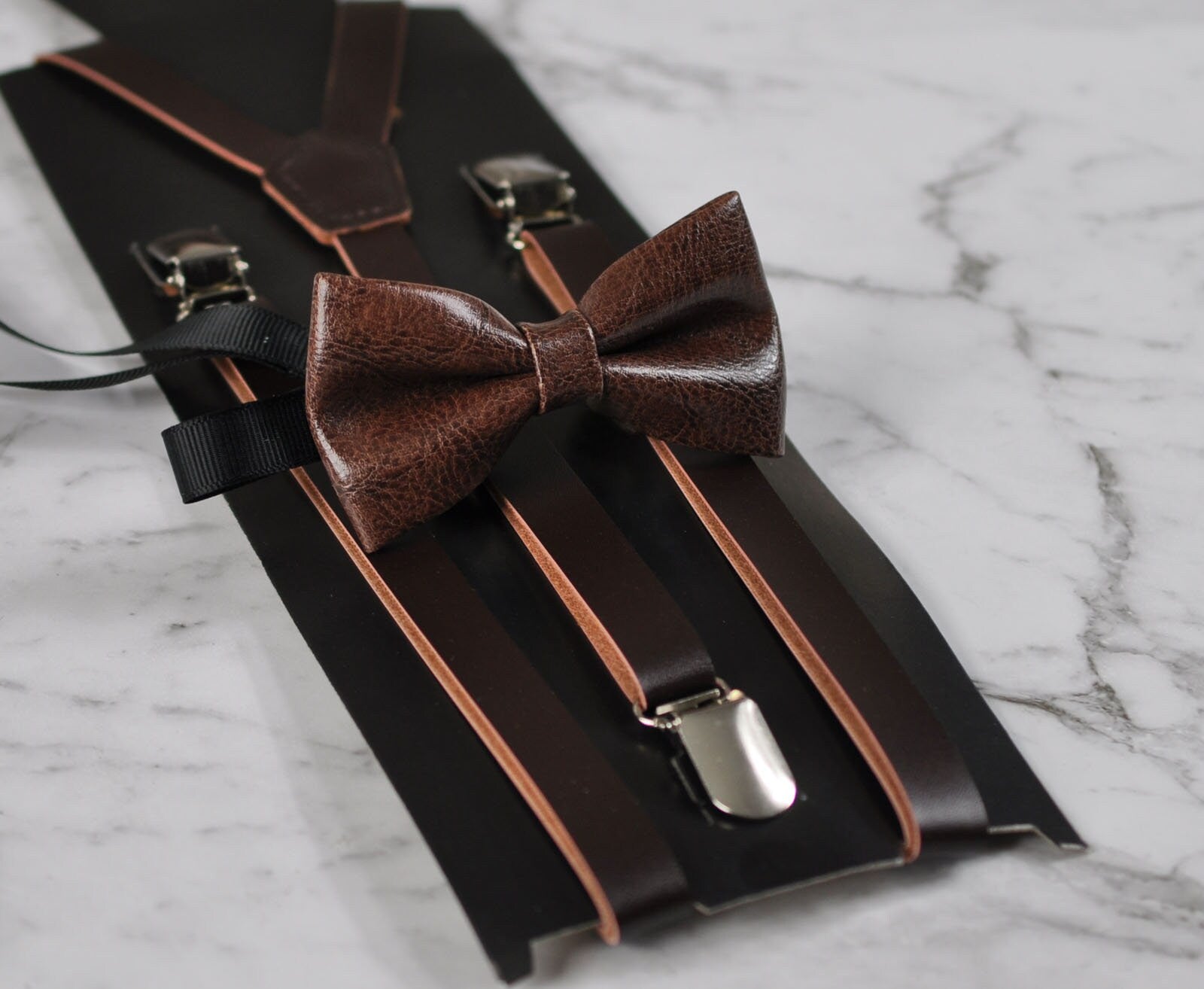 Boy Baby Kids Page Boy Coffee Deep Brown Faux Leather Bow Tie Bowtie and Faux Leather Coffee Suspenders Braces Sets 1-6 Years Old