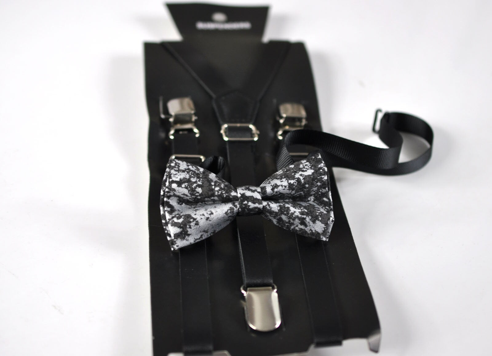 Boy Kids Page Boy Black Metallic Texture Crackle Pattern Cotton Bow Tie + Black Faux Leather Suspenders Braces Set Fits 1-6 Years Old