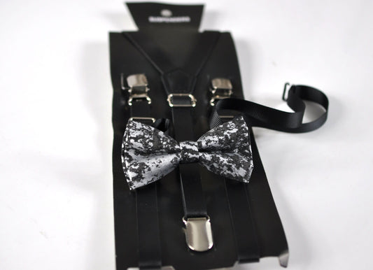 Boy Kids Page Boy Black Metallic Texture Crackle Pattern Cotton Bow Tie + Black Faux Leather Suspenders Braces Set Fits 1-6 Years Old