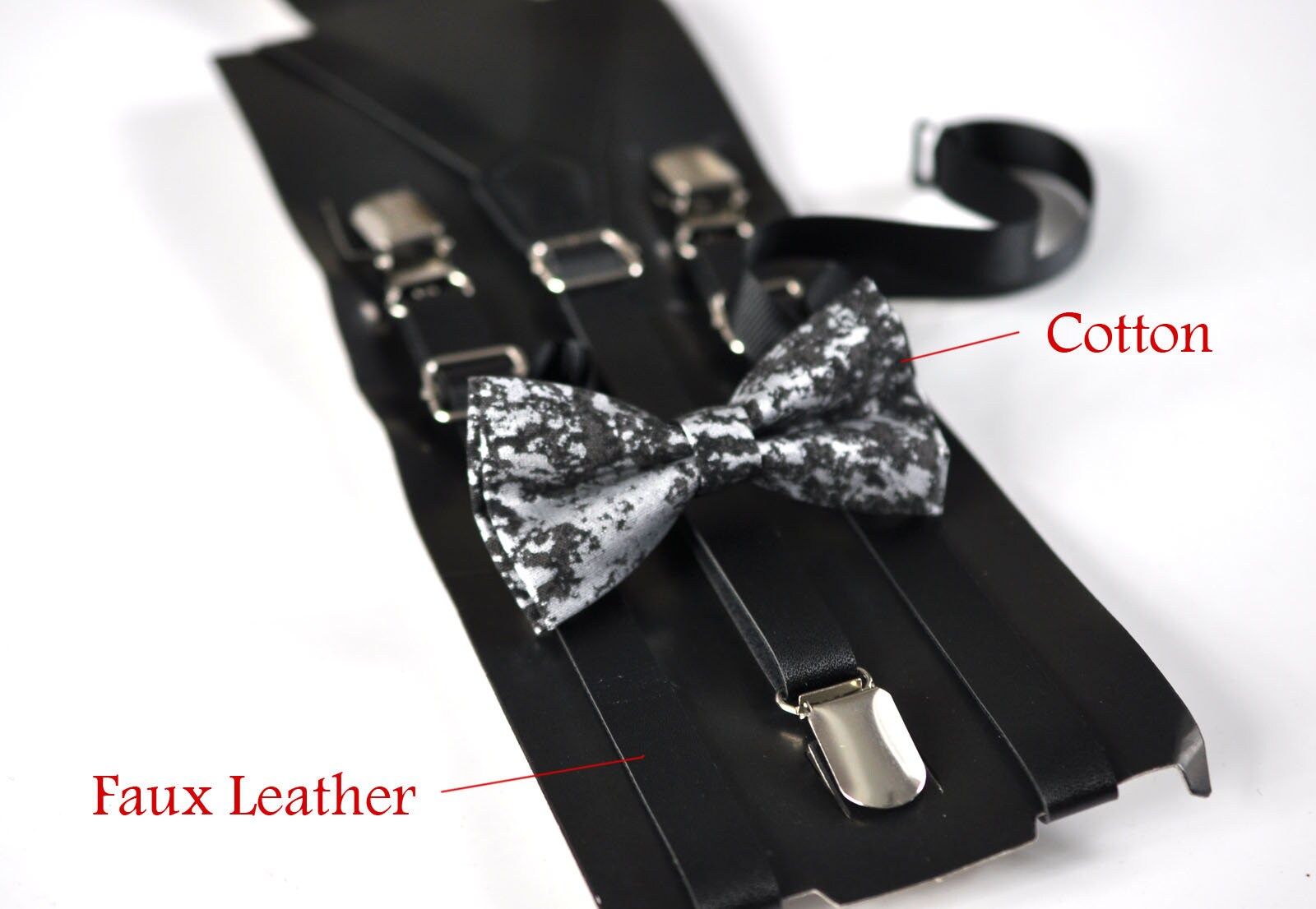 Boy Kids Page Boy Black Metallic Texture Crackle Pattern Cotton Bow Tie + Black Faux Leather Suspenders Braces Set Fits 1-6 Years Old