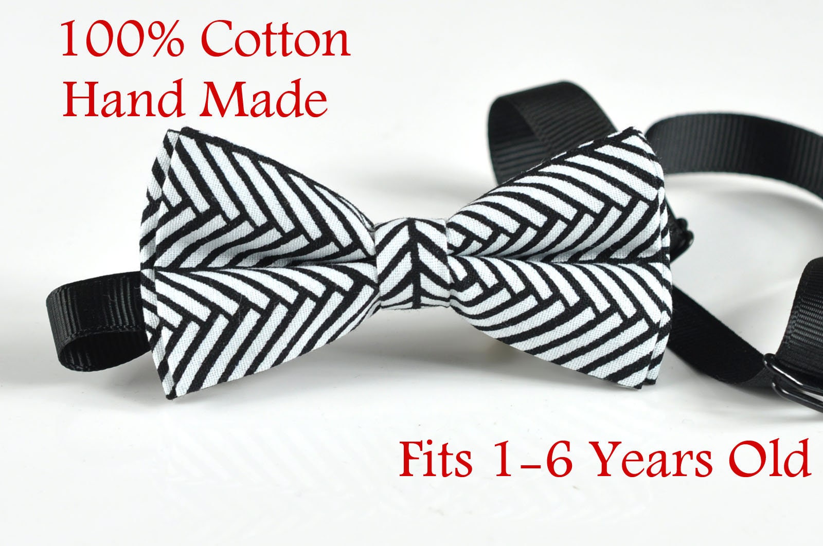 Boy Kids Page Boy BLACK WHITE Fishbone Stripes Pattern Cotton Bow Tie + White Solid Suspenders Braces Set Fits 1-6 Years Old Wedding Party