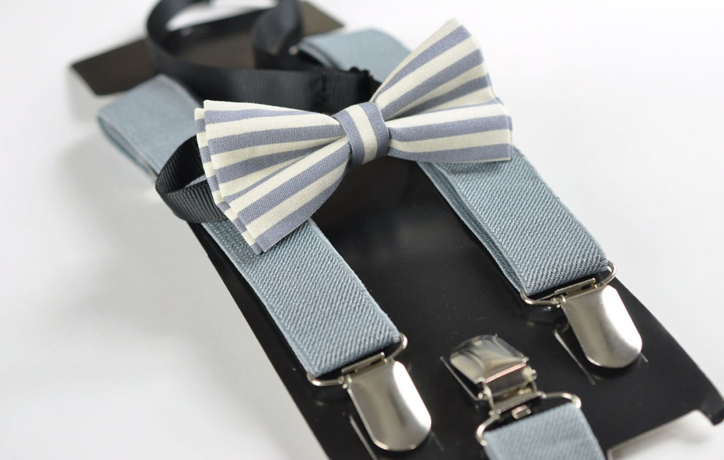 Boy Kids Page Boy ELEMENTS STRIPE GREY Stripes Pattern Cotton Bow Tie + Grey Solid Suspenders Braces Set Fits 1-6 Years Old Wedding Party