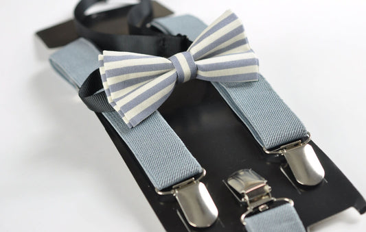 Boy Kids Page Boy ELEMENTS STRIPE GREY Stripes Pattern Cotton Bow Tie + Grey Solid Suspenders Braces Set Fits 1-6 Years Old Wedding Party