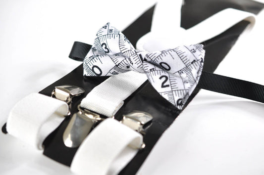 Boy Kids Page Boy Ruler Inches Pattern Cotton Bow Tie + White Solid Suspenders Braces Set Fits 1-6 Years Old Wedding Party
